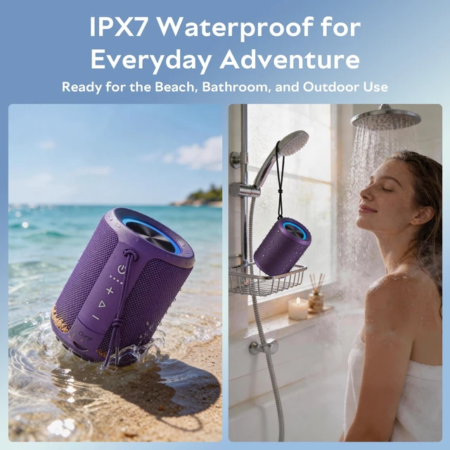 Alt view image 6 of 7 - Portable Bluetooth Speaker, IPX7 Waterproof Wireless Speaker with 20W Loud Stereo Sound, 15H Playtime & Beat-Synced RGB Light, Small Outdoor Speaker for Shower,Pool,Beach,Hiking,Gifts(Purple)