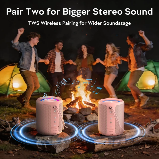 Alt view image 4 of 7 - Portable Bluetooth Speaker, IPX7 Waterproof Wireless Speaker with 20W Loud Stereo Sound, 15H Playtime & Beat-Synced RGB Light, Small Outdoor Speaker for Shower, Pool, Beach,Hiking,Gifts(Pink)