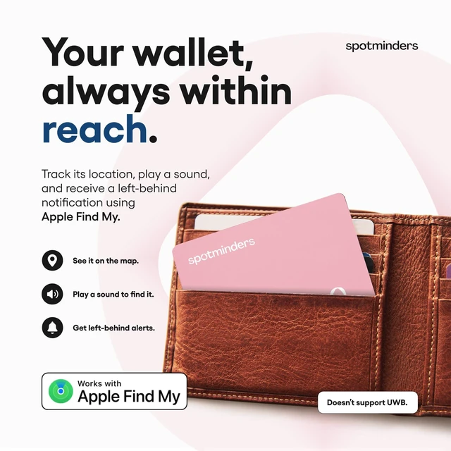 Alt view image 2 of 7 - SPOTMINDERS Apple MFi Certified Wallet Tracker Card for Travel Gifts for Women (iOS Only) - Works with Apple Find My Rechargeable Tracking Card for Wallet Purse Car Slim 0.07in IP68 Pink Item Finder