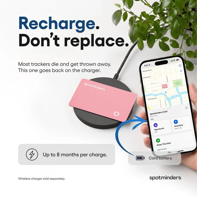 Alt view image 5 of 7 - SPOTMINDERS Apple MFi Certified Wallet Tracker Card for Travel Gifts for Women (iOS Only) - Works with Apple Find My Rechargeable Tracking Card for Wallet Purse Car Slim 0.07in IP68 Pink Item Finder