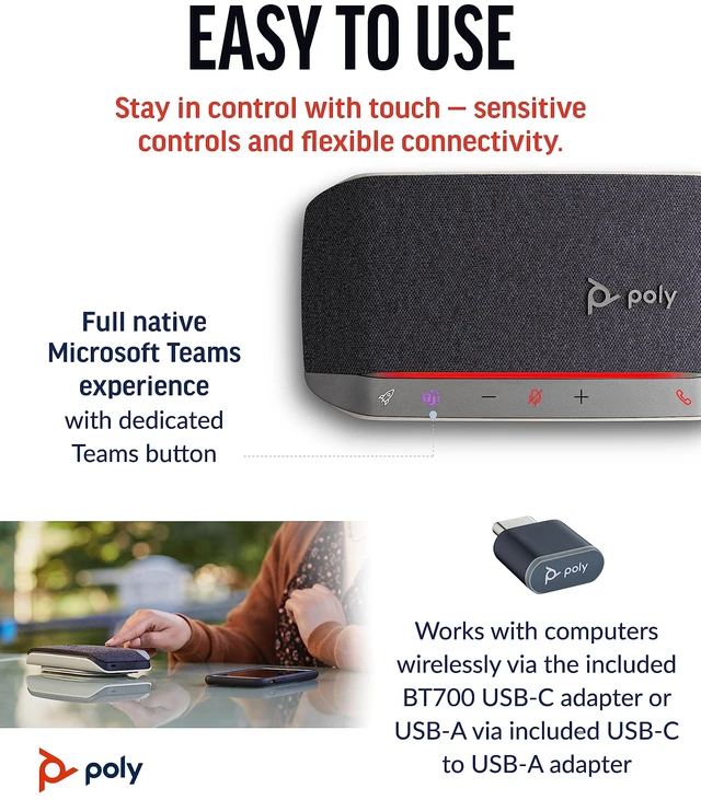 Alt view image 5 of 7 - Poly Sync 20+ Personal Portable Bluetooth Speakerphone (Plantronics) Noise/Echo Reduction USB-C Bluetooth Adapter - Works w/Teams (Certified), Zoom, PC, Mac, Mobile Exclusive