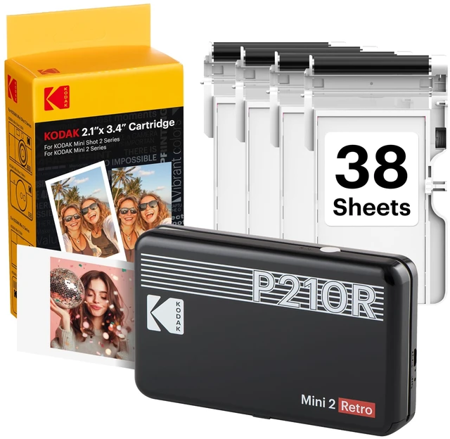 Main image of Mini 2 Retro 2x3 Portable Photo Printer, 4PASS, 38 Sheets, Black Bluetooth, iPhone & Android Smartphone Compatible, Smudge-Proof, Water-Resistant, Fade-Resistant