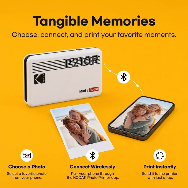 Alt view image 4 of 7 - Mini 2 Retro 2x3 Portable Photo Printer, 4PASS, 38 Sheets, Yellow Bluetooth, iPhone & Android Smartphone Compatible, Smudge-Proof, Water-Resistant, Fade-Resistant