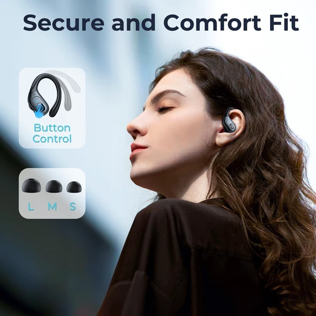 Alt view image 4 of 5 - Active Noise Cancelling Earbuds Wireless Bluetooth Headphones Ear Buds 90Hrs Playback Stereo Bass Earphones with Mic Over-Ear Hooks IPX7 Waterproof Headset