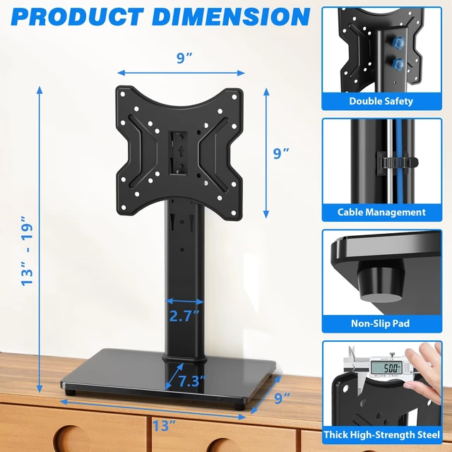 Alt view image 6 of 7 - Universal Swivel Tabletop TV Stand for Flat Screens 23-43 Inch Heavy Duty Center Pedestal Stand Replacement with Black Tempered Glass Base & Height Adjustable Mount for 24 32 43 Inch