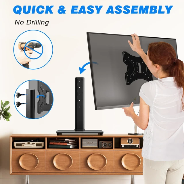 Alt view image 7 of 7 - Universal Swivel Tabletop TV Stand for Flat Screens 23-43 Inch Heavy Duty Center Pedestal Stand Replacement with Black Tempered Glass Base & Height Adjustable Mount for 24 32 43 Inch