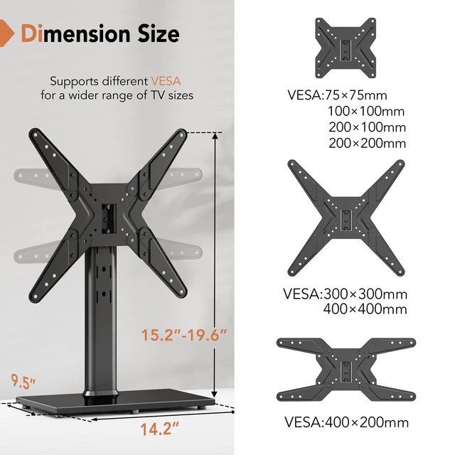 Alt view image 7 of 7 - Universal Swivel TV Stand/Base Table Top TV Stand for 21 to 50 inch TVs with 90 Degree Swivel, 4 Level Height Adjustable, Heavy Duty Tempered Glass Base, Holds up to 99lbs, HT02B-002