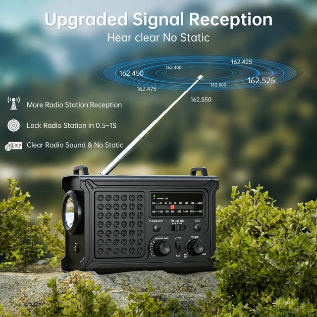 Alt view image 2 of 7 - NOAA Emergency Weather Radio, 12000mAh Portable AM/FM, Hand Crank & Solar Clear Signal, Rechargeable Battery, 8500mm² Solar Panel, 2-Mode Flashlight, SOS and USB Phone Charging for Storms and Outages