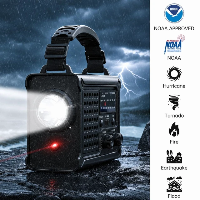 Alt view image 7 of 7 - NOAA Emergency Weather Radio, 12000mAh Portable AM/FM, Hand Crank & Solar Clear Signal, Rechargeable Battery, 8500mm² Solar Panel, 2-Mode Flashlight, SOS and USB Phone Charging for Storms and Outages