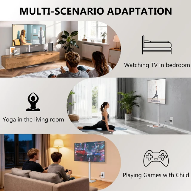 Alt view image 2 of 7 - Floor TV Stand with Power Outlet, Tall TV Stand Mount for 32-75 inch TVs up to 110 lbs, Swivel and Height Adjustable TV Stands with Wood Base for Bedroom, Office(TVDVD-7PW), White