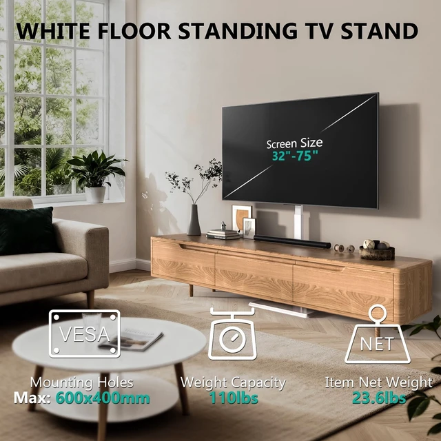 Alt view image 3 of 7 - Floor TV Stand with Power Outlet, Tall TV Stand Mount for 32-75 inch TVs up to 110 lbs, Swivel and Height Adjustable TV Stands with Wood Base for Bedroom, Office(TVDVD-7PW), White