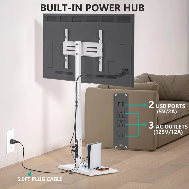Alt view image 4 of 7 - Floor TV Stand with Power Outlet, Tall TV Stand Mount for 32-75 inch TVs up to 110 lbs, Swivel and Height Adjustable TV Stands with Wood Base for Bedroom, Office(TVDVD-7PW), White