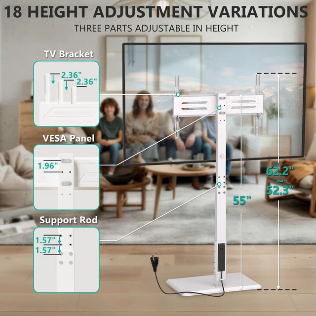Alt view image 5 of 7 - Floor TV Stand with Power Outlet, Tall TV Stand Mount for 32-75 inch TVs up to 110 lbs, Swivel and Height Adjustable TV Stands with Wood Base for Bedroom, Office(TVDVD-7PW), White