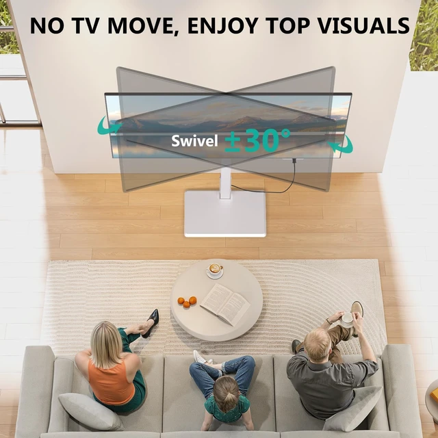 Alt view image 6 of 7 - Floor TV Stand with Power Outlet, Tall TV Stand Mount for 32-75 inch TVs up to 110 lbs, Swivel and Height Adjustable TV Stands with Wood Base for Bedroom, Office(TVDVD-7PW), White