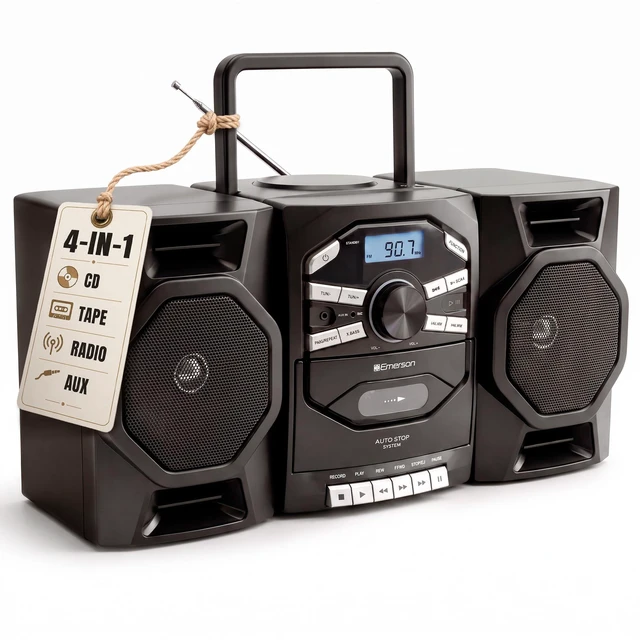 Main image of EPB-4000 Portable CD Cassette Boombox with AM/FM Radio - Black With CD-R & CD-RW. Tape Recording. Detachable Speakers. X-BASS. AUX Input. Built-In Microphone. AC or Battery Power