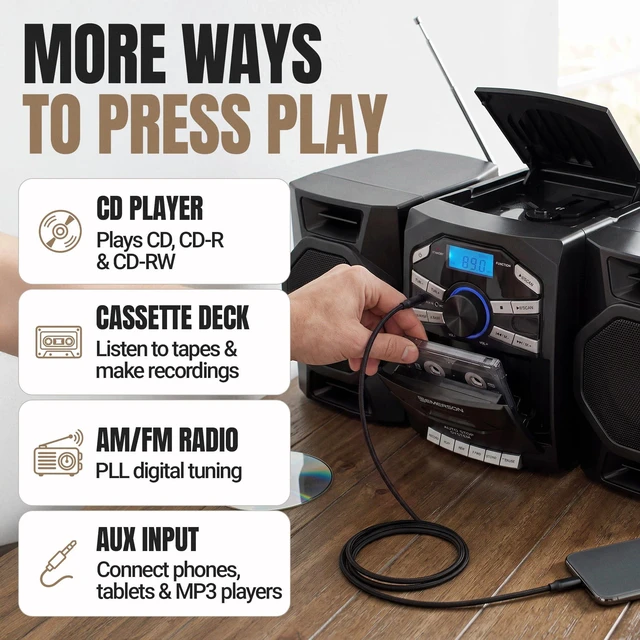 Alt view image 4 of 7 - EPB-4000 Portable CD Cassette Boombox with AM/FM Radio - Red With CD-R & CD-RW. Tape Recording. Detachable Speakers. X-BASS. AUX Input. Built-In Microphone. AC or Battery Power