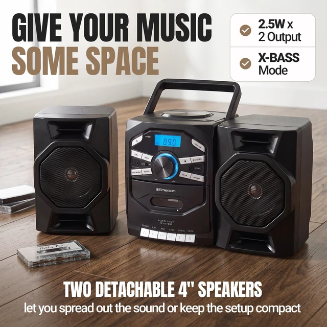 Alt view image 5 of 7 - EPB-4000 Portable CD Cassette Boombox with AM/FM Radio - Red With CD-R & CD-RW. Tape Recording. Detachable Speakers. X-BASS. AUX Input. Built-In Microphone. AC or Battery Power