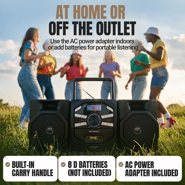 Alt view image 6 of 7 - EPB-4000 Portable CD Cassette Boombox with AM/FM Radio - Red With CD-R & CD-RW. Tape Recording. Detachable Speakers. X-BASS. AUX Input. Built-In Microphone. AC or Battery Power