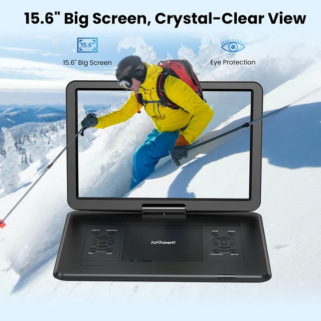 Alt view image 2 of 7 - 17.5" Portable DVD Player with 15.6" Large HD Swivel Screen, Black Region Free, For Seniors & Kids, 6 Hrs Battery, Dual Speakers, USB & SD Card, Sync to TV, For Travel, Road Trips & Home Use
