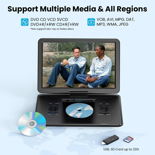Alt view image 6 of 7 - 17.5" Portable DVD Player with 15.6" Large HD Swivel Screen, Black Region Free, For Seniors & Kids, 6 Hrs Battery, Dual Speakers, USB & SD Card, Sync to TV, For Travel, Road Trips & Home Use