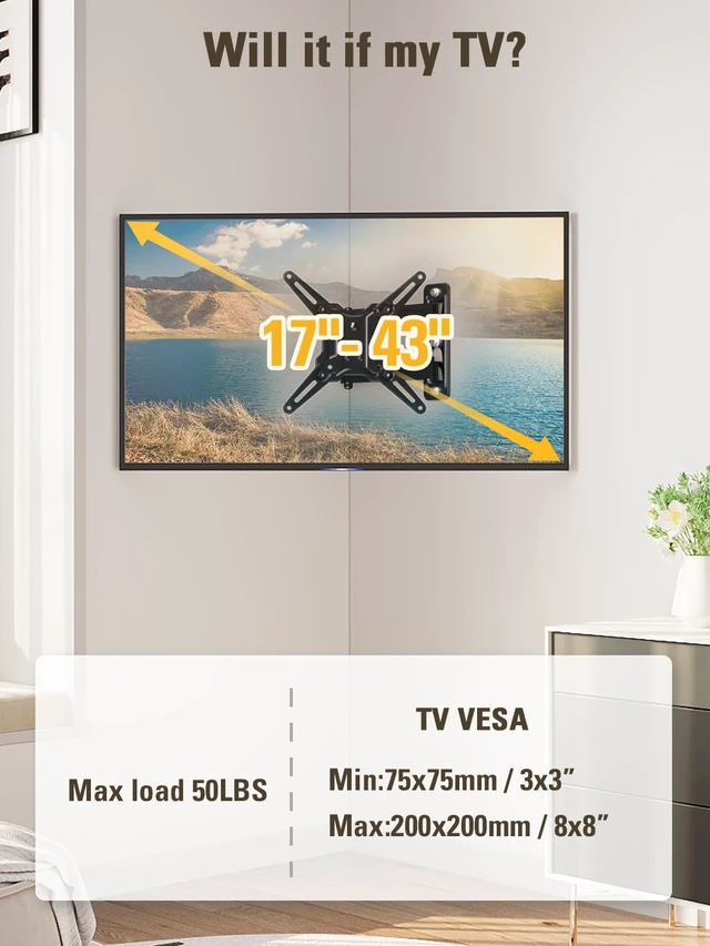 Alt view image 2 of 7 - TV Wall Mount Swivel and Tilt Extend for Most 17-43 Inch TVs Full Motion Corner TV Mount, Articulating Wall Mount TV Bracket Swivel and Tilt, Single Stud Max VESA 200x200mm, Up to 50LBS