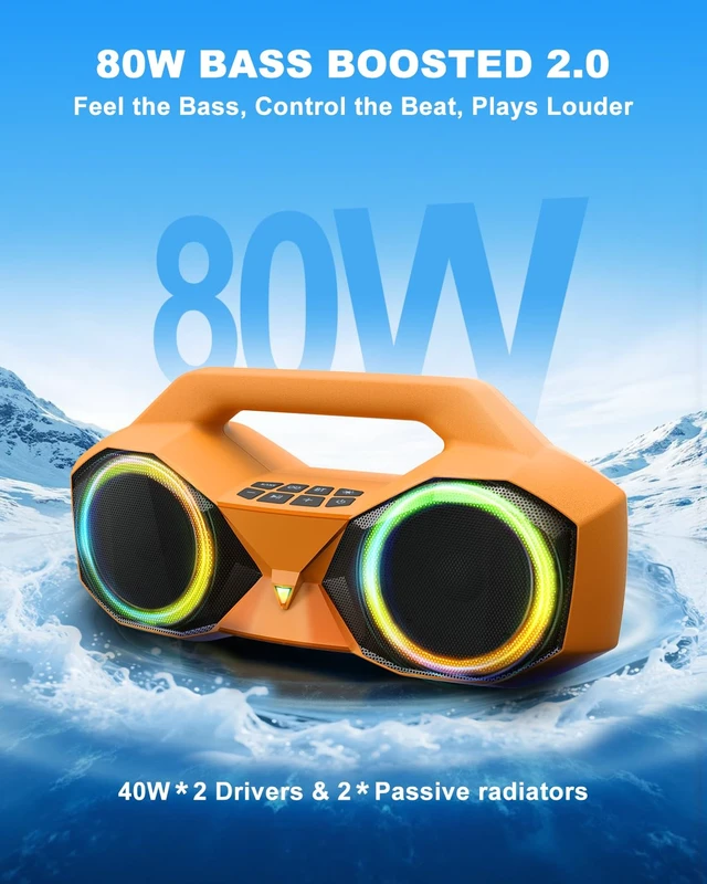 Alt view image 2 of 7 - Bluetooth Speaker Outdoor Loud: 80W(Peak) with Bass, Portable Wireless Speaker with IPX7 Waterproof, 20H Playtime, RGB Lights, TWS for Outside, Beach, Work (Orange)
