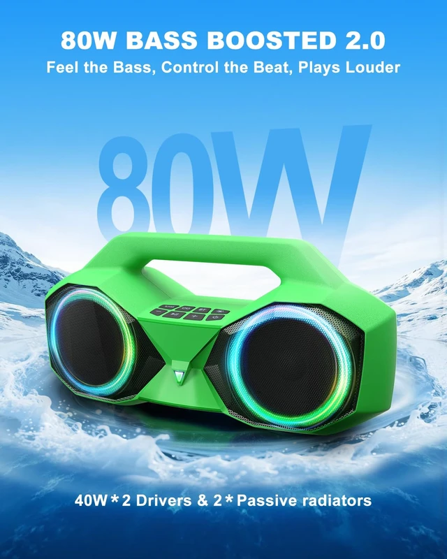 Alt view image 2 of 7 - Bluetooth Speaker Outdoor Loud: 80W(Peak) with Bass, Portable Wireless Speaker with IPX7 Waterproof, 20H Playtime, RGB Lights, TWS for Outside, Beach, Work (Green)