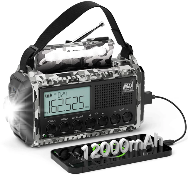 Main image of NOAA Emergency Weather Radio with Auto Alert, Solar Hand Crank, 12000mAh AM/FM/SW Portable Radio with LCD Display, 6 Power Sources, Phone Charger, Flashlight, Reading Lamp, SOS Alarm for Emergencies