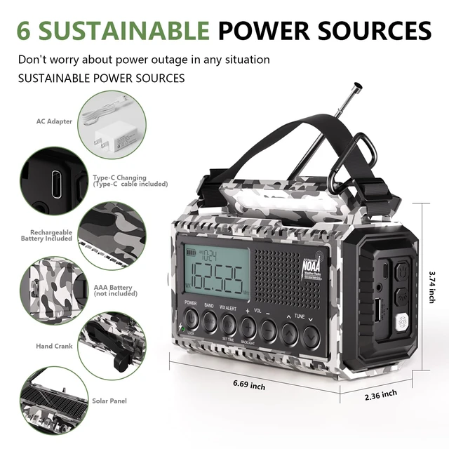 Alt view image 3 of 7 - NOAA Emergency Weather Radio with Auto Alert, Solar Hand Crank, 12000mAh AM/FM/SW Portable Radio with LCD Display, 6 Power Sources, Phone Charger, Flashlight, Reading Lamp, SOS Alarm for Emergencies