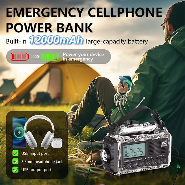 Alt view image 4 of 7 - NOAA Emergency Weather Radio with Auto Alert, Solar Hand Crank, 12000mAh AM/FM/SW Portable Radio with LCD Display, 6 Power Sources, Phone Charger, Flashlight, Reading Lamp, SOS Alarm for Emergencies