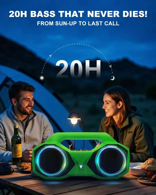 Alt view image 4 of 7 - Bluetooth Speaker Outdoor Loud: 80W(Peak) with Bass, Portable Wireless Speaker with IPX7 Waterproof, 20H Playtime, RGB Lights, TWS for Outside, Beach, Work (Green)