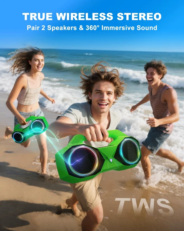 Alt view image 7 of 7 - Bluetooth Speaker Outdoor Loud: 80W(Peak) with Bass, Portable Wireless Speaker with IPX7 Waterproof, 20H Playtime, RGB Lights, TWS for Outside, Beach, Work (Green)