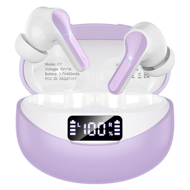 Main image of Wireless Earbuds, Bluetooth 5.4 Headphones HIFI Stereo/Crystal clear,Purple Noise Cancelling Mic Ear buds with 50H Playback, LED Digital Display, IPX7 Waterproof Earphones for Office/Running/Workout