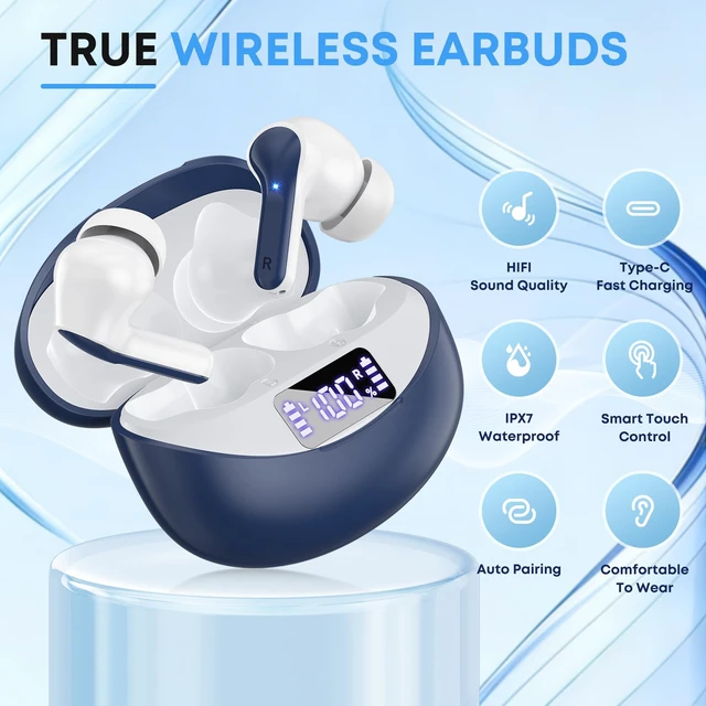 Alt view image 2 of 7 - Wireless Earbuds, Bluetooth 5.4 Headphones HIFI Stereo/Crystal clear, Blue Noise Cancelling Mic Ear buds with 50H Playback, LED Digital Display, IPX7 Waterproof Earphones for Office/Running/Workout