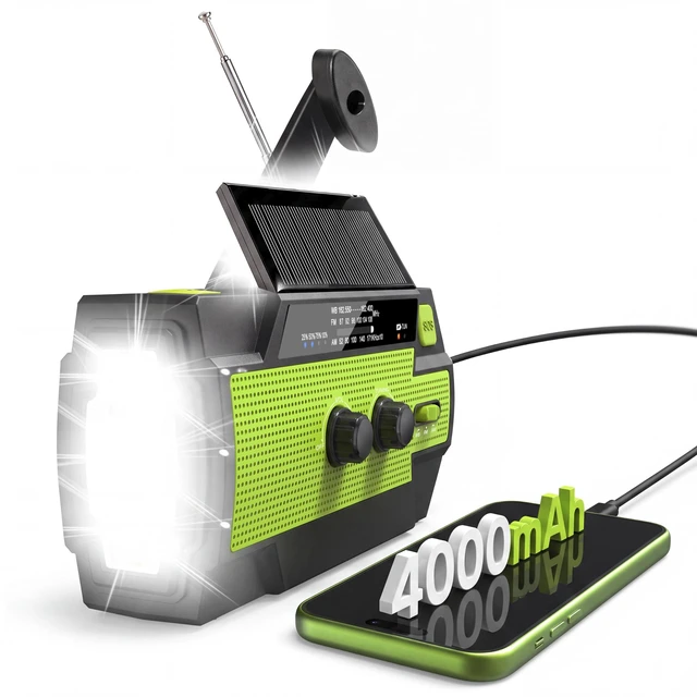 Main image of Emergency Crank Radio with 3-Mode Flashlight & Reading Lamp 4000mAh/14800mWh, NOAA/AM/FM Emergency Weather Radio, SOS Alarm, Cranked, Solar, USB-C Cable, for Power Outage, Emergencies