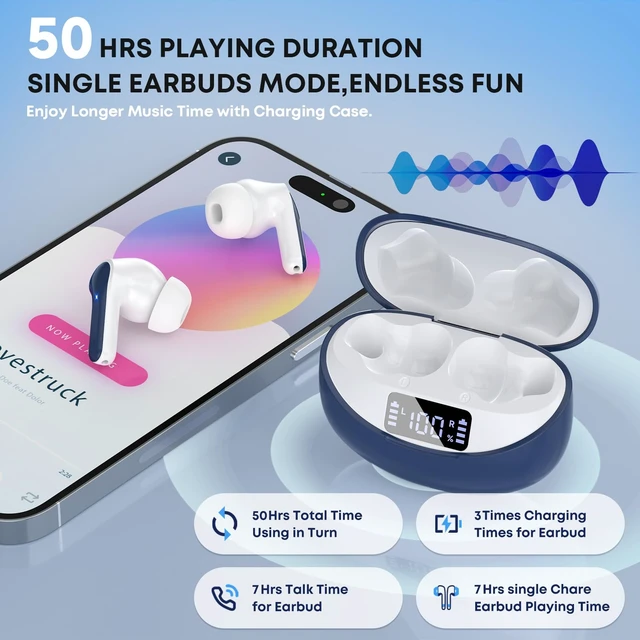 Alt view image 3 of 7 - Wireless Earbuds, Bluetooth 5.4 Headphones HIFI Stereo/Crystal clear, Blue Noise Cancelling Mic Ear buds with 50H Playback, LED Digital Display, IPX7 Waterproof Earphones for Office/Running/Workout