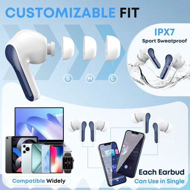 Alt view image 4 of 7 - Wireless Earbuds, Bluetooth 5.4 Headphones HIFI Stereo/Crystal clear, Blue Noise Cancelling Mic Ear buds with 50H Playback, LED Digital Display, IPX7 Waterproof Earphones for Office/Running/Workout