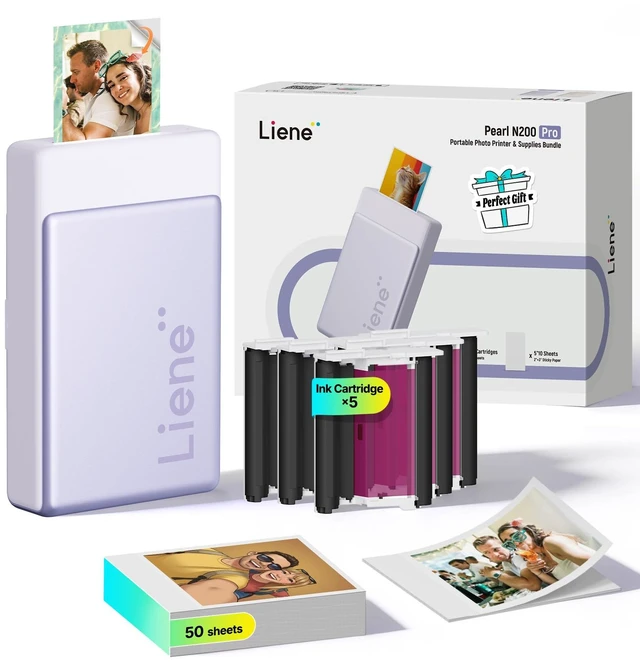 Main image of Pearl N200 Pro Portable Photo Printer, Instant Mini Picture Printer for iPhone Smartphone, Thermal Dye Sublimation, Bluetooth Sticker Printer 50 Sheets 2x3 Adhesive Paper & 5 Cartridges, Purple