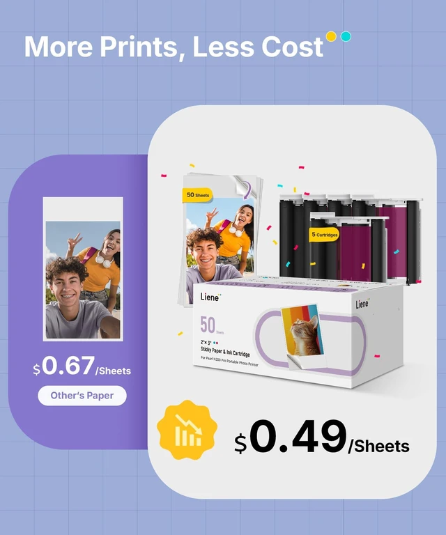 Alt view image 2 of 7 - Pearl N200 Pro Portable Photo Printer, Instant Mini Picture Printer for iPhone Smartphone, Thermal Dye Sublimation, Bluetooth Sticker Printer 50 Sheets 2x3 Adhesive Paper & 5 Cartridges, Purple