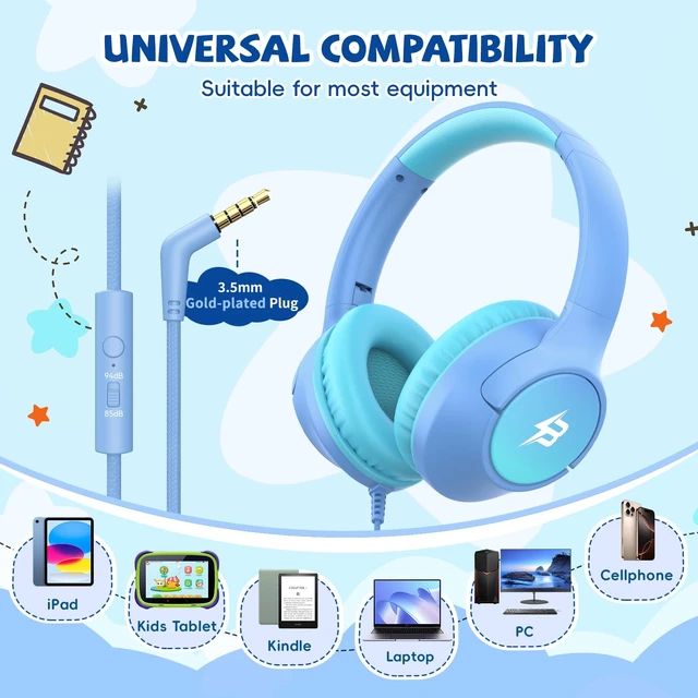 Alt view image 4 of 7 - Kids Headphones Wired for School, 3.5mm Plug, Light Blue Over Ear Kid Headphone with Cord/Mic, 85/94dB Volume Limit Headphones for Classroom Chromebook Toddler Tablet Airplane Travel