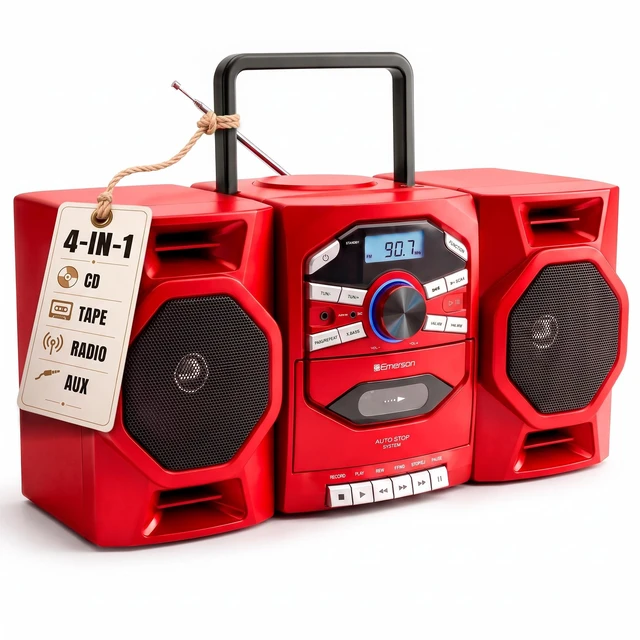 Main image of EPB-4000 Portable CD Cassette Boombox with AM/FM Radio - Red With CD-R & CD-RW. Tape Recording. Detachable Speakers. X-BASS. AUX Input. Built-In Microphone. AC or Battery Power