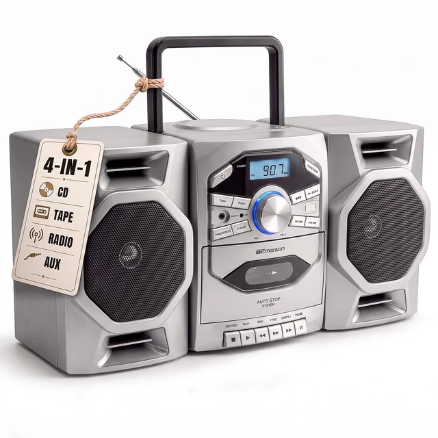 Main image of EPB-4000 Portable CD Cassette Boombox with AM/FM Radio - Silver With CD-R & CD-RW. Tape Recording. Detachable Speakers. X-BASS. AUX Input. Built-In Microphone. AC or Battery Power