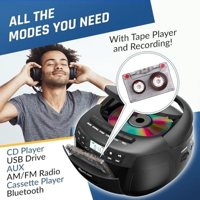 Alt view image 3 of 7 - CD Cassette Player and Recorder, AM FM Radio, Bluetooth, USB 3W Stereo Speakers, Song Programming Included, Remote Operates Up to 6 Metres Away