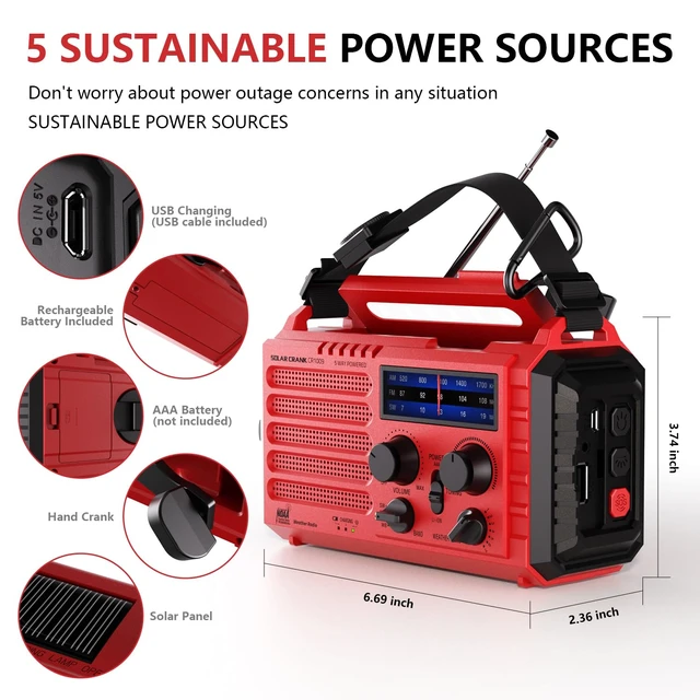 Alt view image 3 of 7 - Emergency Weather Radio with NOAA Alert, Solar Hand Crank, Battery Powered 5000mAh Rechargeable Battery, 5 Power Sources, AM/FM/SW Portable Radio, 3W Flashlight, Reading Lamp, SOS Alarm for Survival