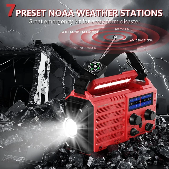 Alt view image 2 of 7 - Emergency Weather Radio with NOAA Alert, Solar Hand Crank, Battery Powered 5000mAh Rechargeable Battery, 5 Power Sources, AM/FM/SW Portable Radio, 3W Flashlight, Reading Lamp, SOS Alarm for Survival