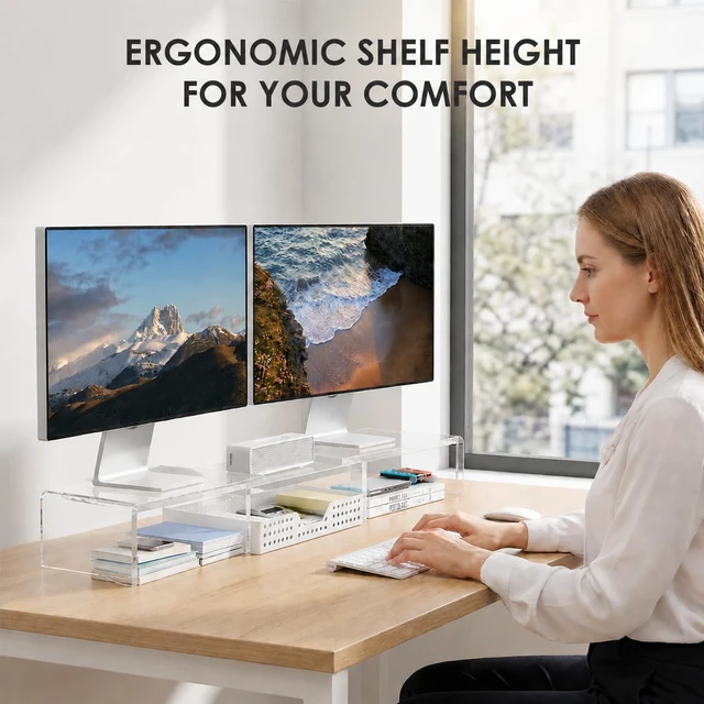 Alt view image 2 of 7 - Clear Acrylic Desk Organizers and Accessories, Dual Monitor Stand Riser with Drawer and 2 Pen Holders, Desk Shelf Printer Stand for Office Workspace Organizers, Desktop Organization (Transparent)