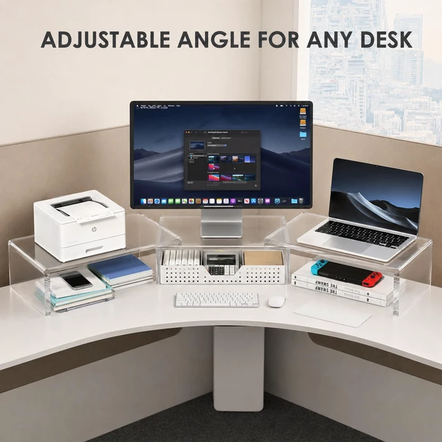 Alt view image 3 of 7 - Clear Acrylic Desk Organizers and Accessories, Dual Monitor Stand Riser with Drawer and 2 Pen Holders, Desk Shelf Printer Stand for Office Workspace Organizers, Desktop Organization (Transparent)
