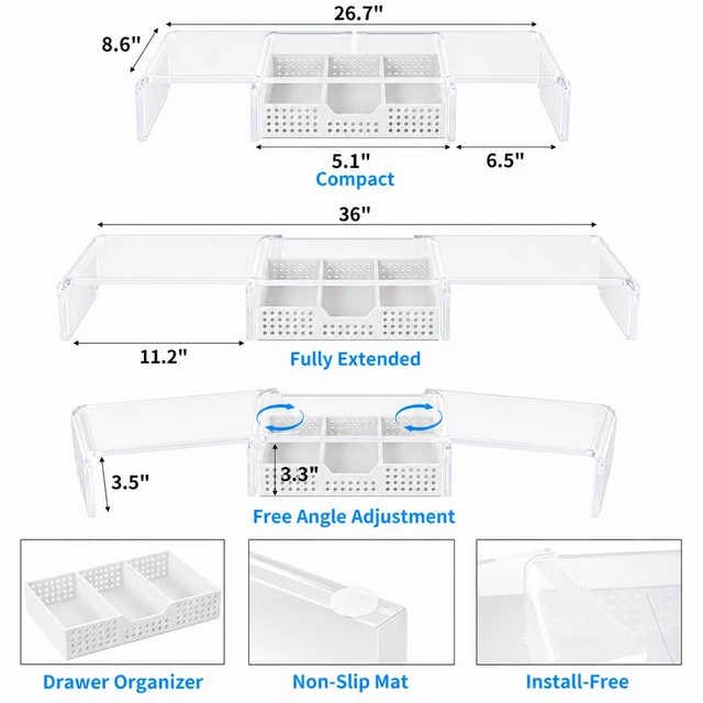 Alt view image 4 of 7 - Clear Acrylic Desk Organizers and Accessories, Dual Monitor Stand Riser with Drawer and 2 Pen Holders, Desk Shelf Printer Stand for Office Workspace Organizers, Desktop Organization (Transparent)