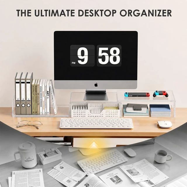 Alt view image 5 of 7 - Clear Acrylic Desk Organizers and Accessories, Dual Monitor Stand Riser with Drawer and 2 Pen Holders, Desk Shelf Printer Stand for Office Workspace Organizers, Desktop Organization (Transparent)