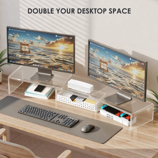 Alt view image 6 of 7 - Clear Acrylic Desk Organizers and Accessories, Dual Monitor Stand Riser with Drawer and 2 Pen Holders, Desk Shelf Printer Stand for Office Workspace Organizers, Desktop Organization (Transparent)